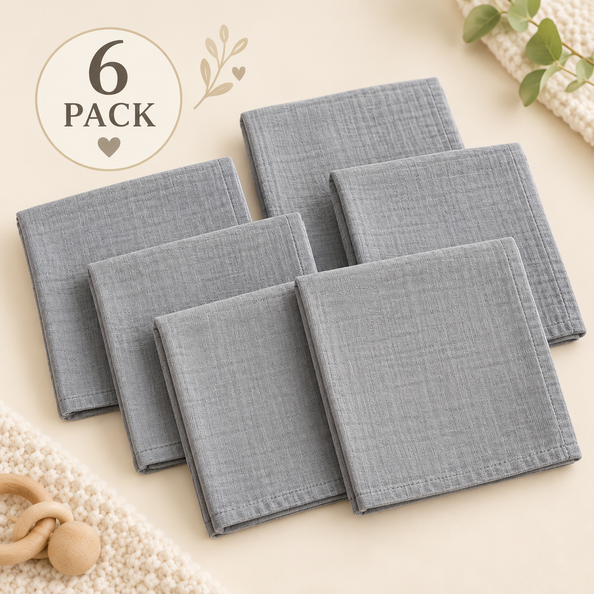 6 Pack 100% Cotton Muslin Squares – Grey