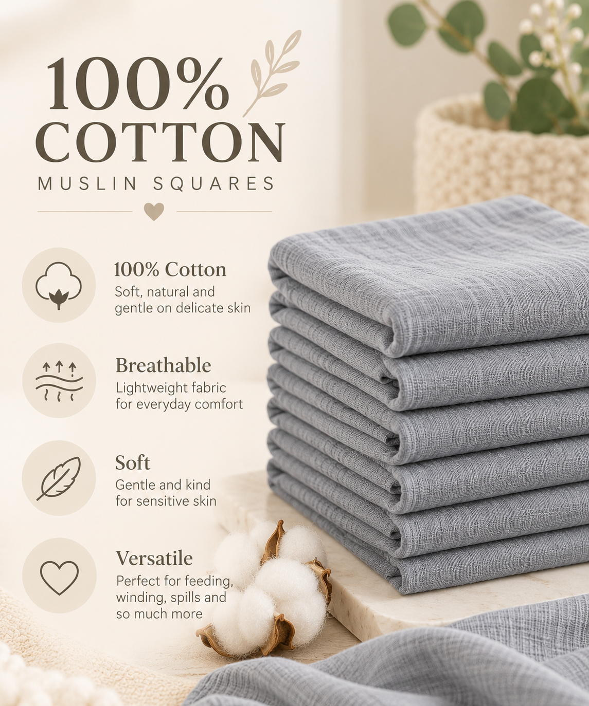 6 Pack 100% Cotton Muslin Squares – Grey