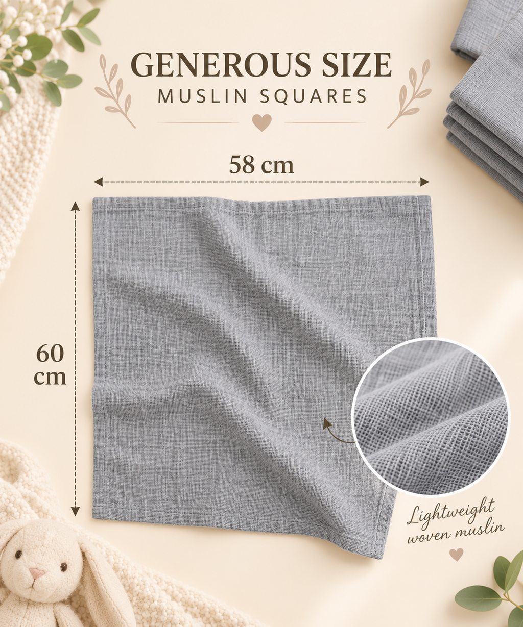 6 Pack 100% Cotton Muslin Squares – Grey