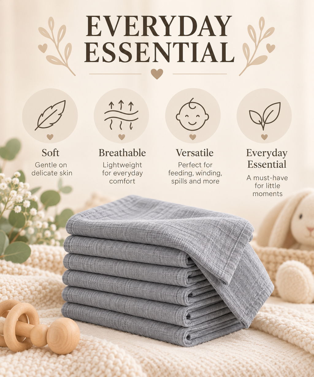 6 Pack 100% Cotton Muslin Squares – Grey