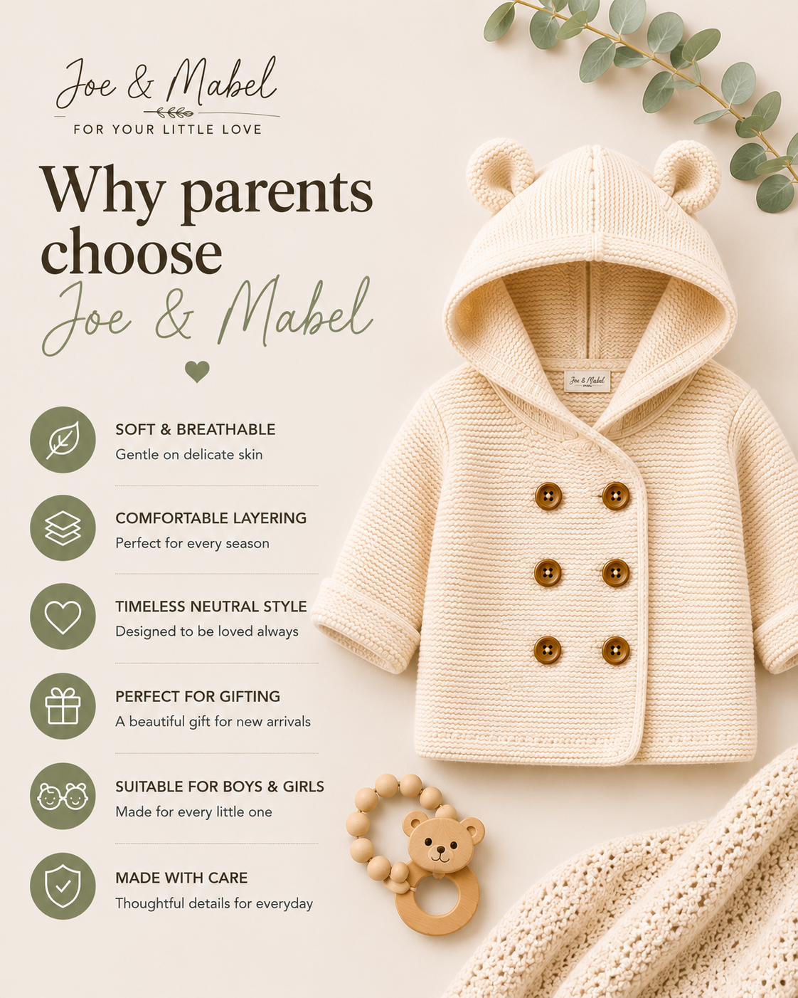 Cute Bear Ear Baby Cardigan - Double Knit