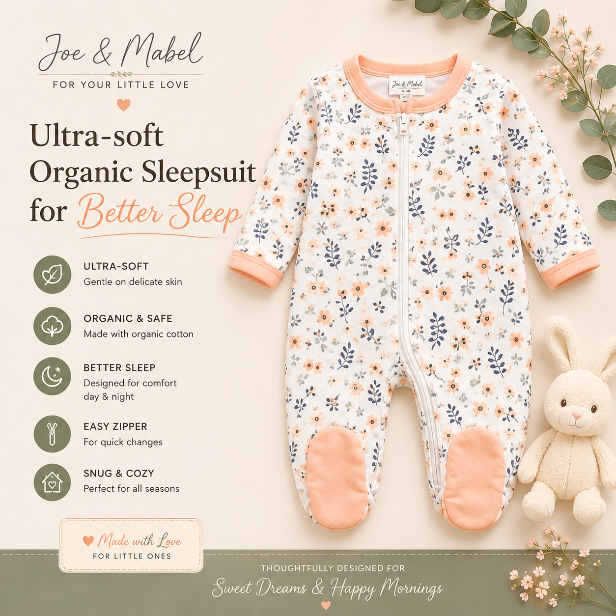 Joe & Mabel Organic Cotton Floral Baby Sleepsuit | Soft Zip-Up Newborn & Infant Sleepwear