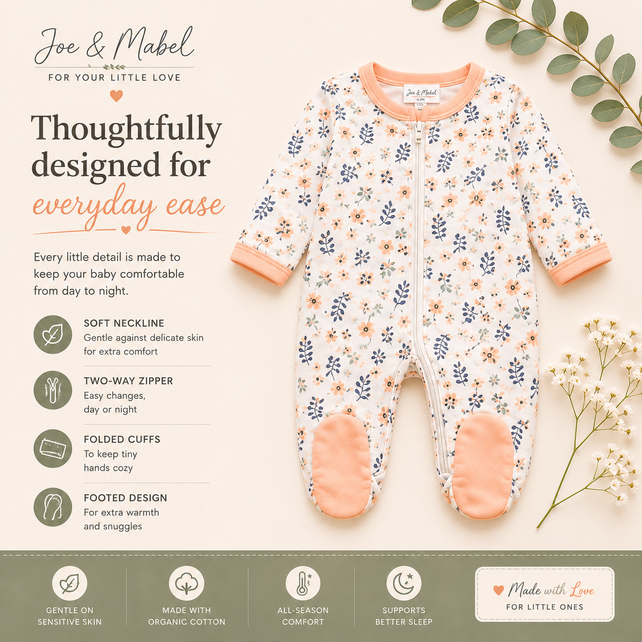 Joe & Mabel Organic Cotton Floral Baby Sleepsuit | Soft Zip-Up Newborn & Infant Sleepwear