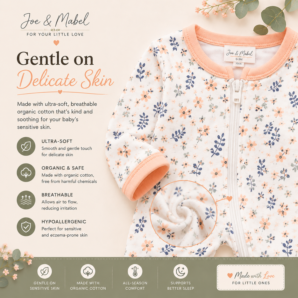 Joe & Mabel Organic Cotton Floral Baby Sleepsuit | Soft Zip-Up Newborn & Infant Sleepwear