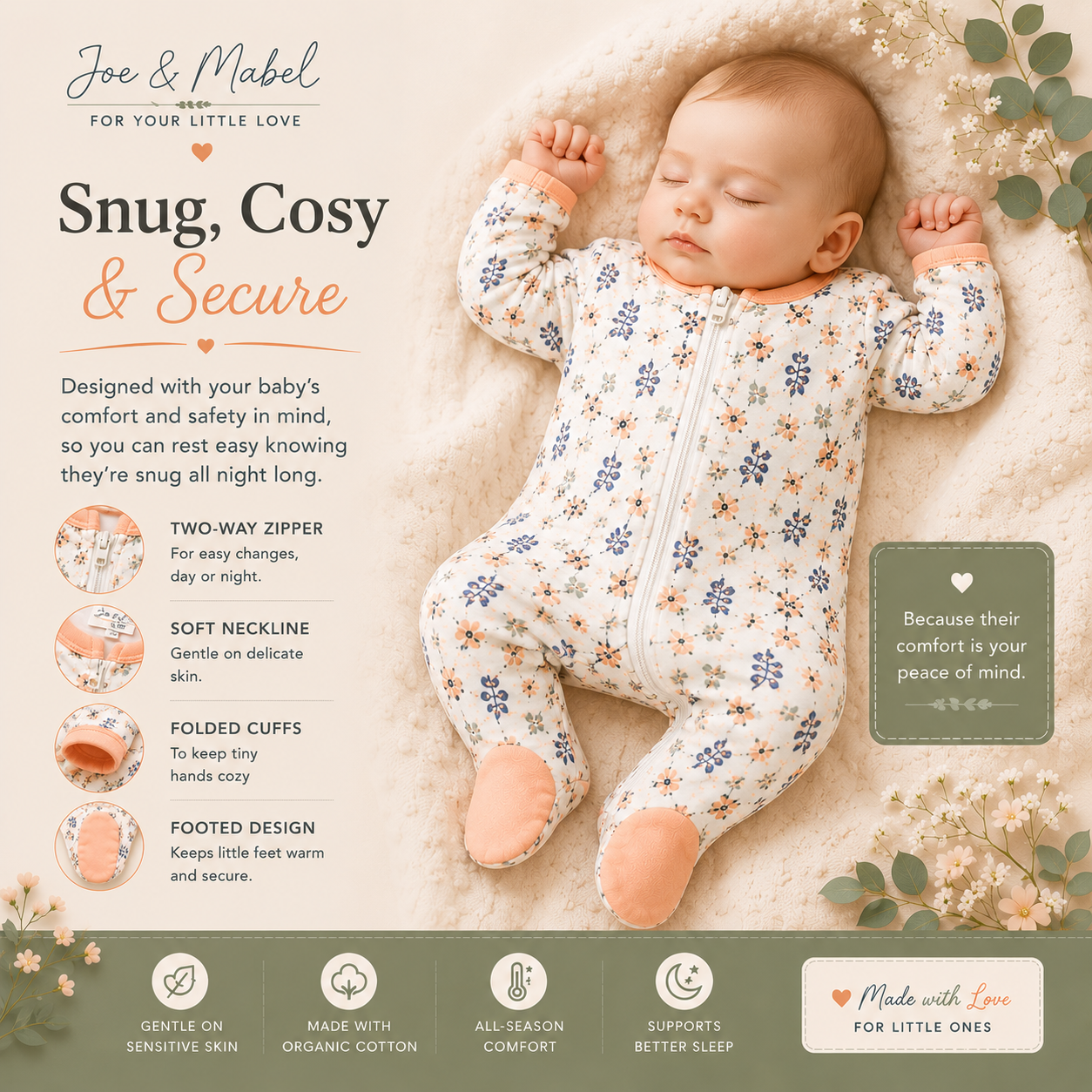 Joe & Mabel Organic Cotton Floral Baby Sleepsuit | Soft Zip-Up Newborn & Infant Sleepwear