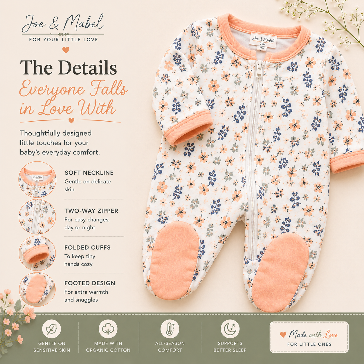 Joe & Mabel Organic Cotton Floral Baby Sleepsuit | Soft Zip-Up Newborn & Infant Sleepwear