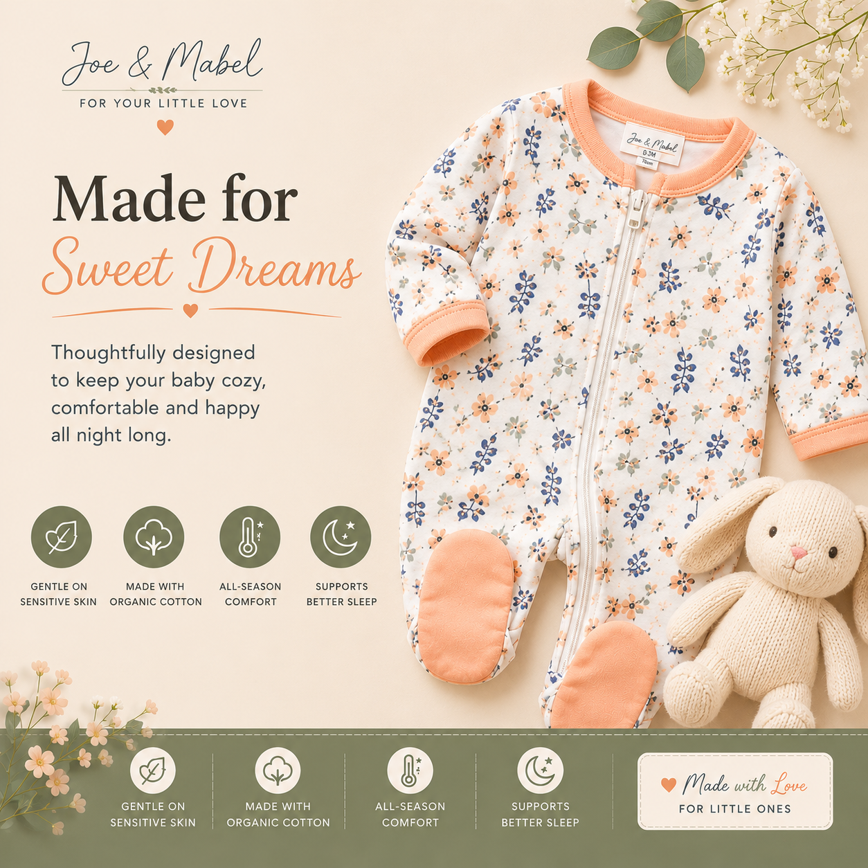 Joe & Mabel Organic Cotton Floral Baby Sleepsuit | Soft Zip-Up Newborn & Infant Sleepwear