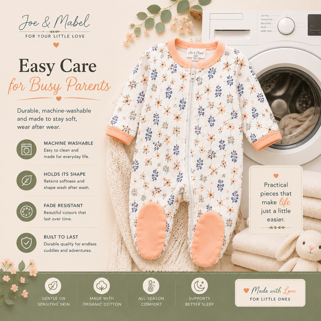 Joe & Mabel Organic Cotton Floral Baby Sleepsuit | Soft Zip-Up Newborn & Infant Sleepwear