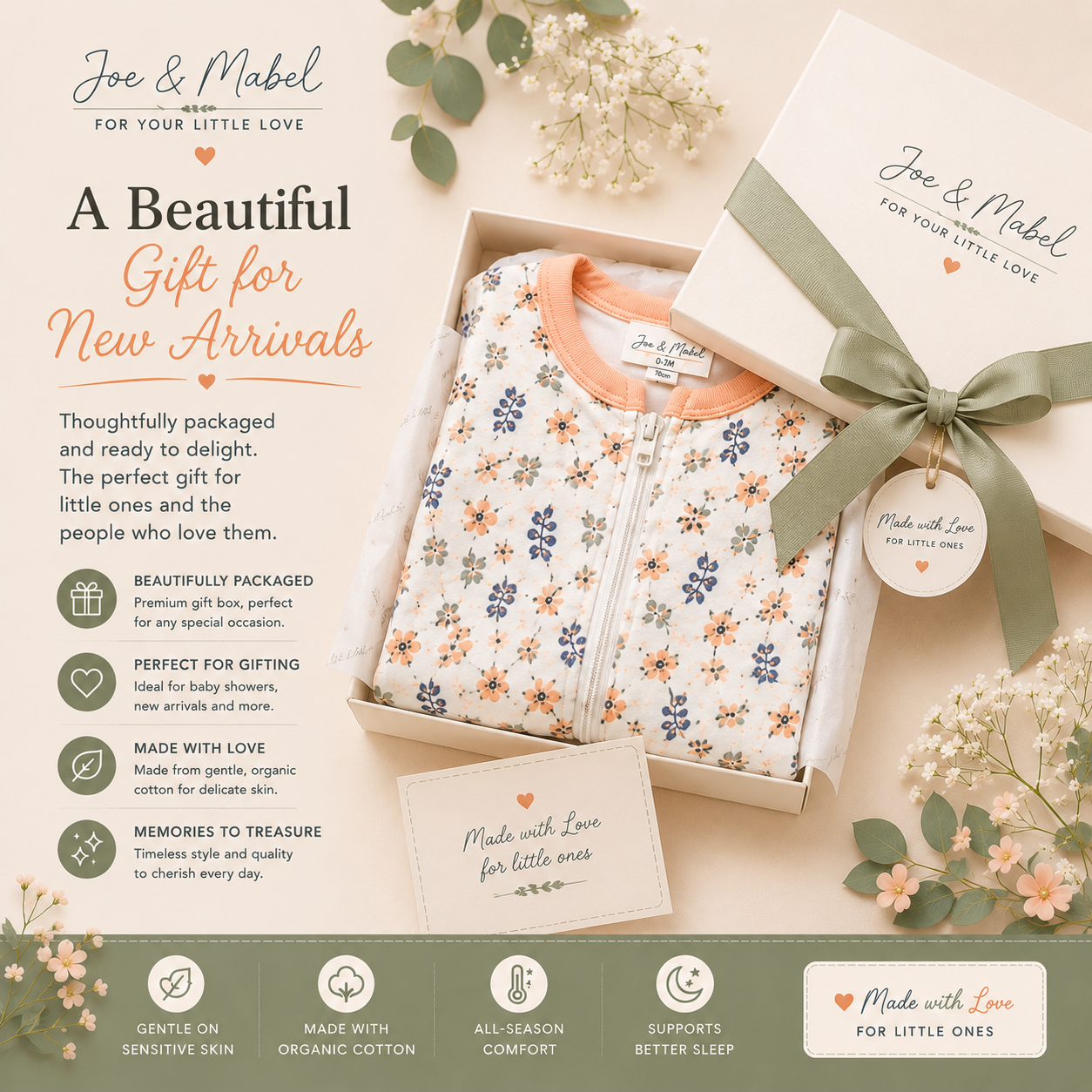 Joe & Mabel Organic Cotton Floral Baby Sleepsuit | Soft Zip-Up Newborn & Infant Sleepwear