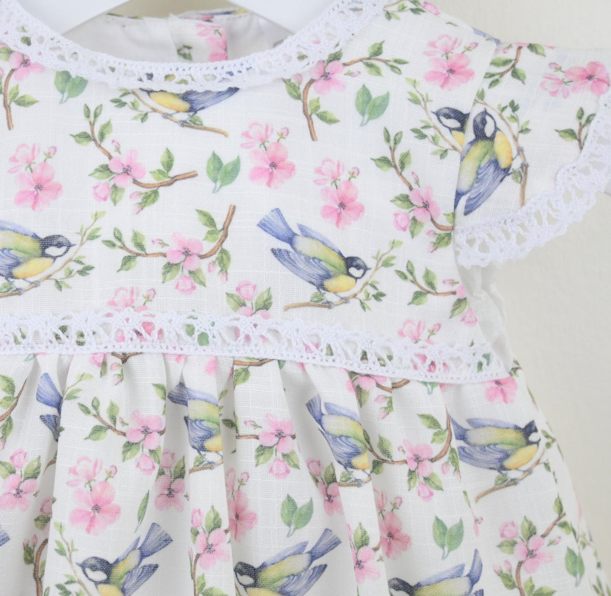 Luxury Bluebird & Blossom Baby Dress with Lace Trim