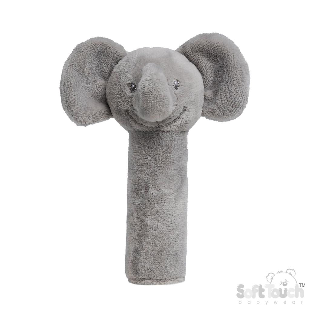 grey elephant baby sensory toy UK soft squeaky rattle