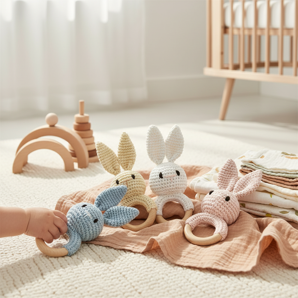 wooden baby teether UK crochet sensory chew toy