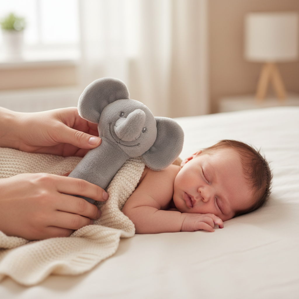 Mother holding grey elephant sensory rattle next to sleeping newborn baby