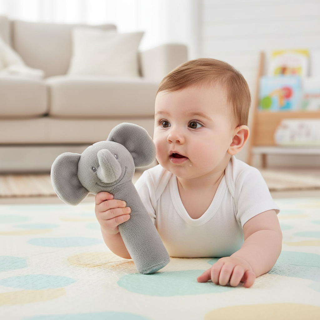 Curious baby exploring grey elephant sensory rattle on a soft play mat