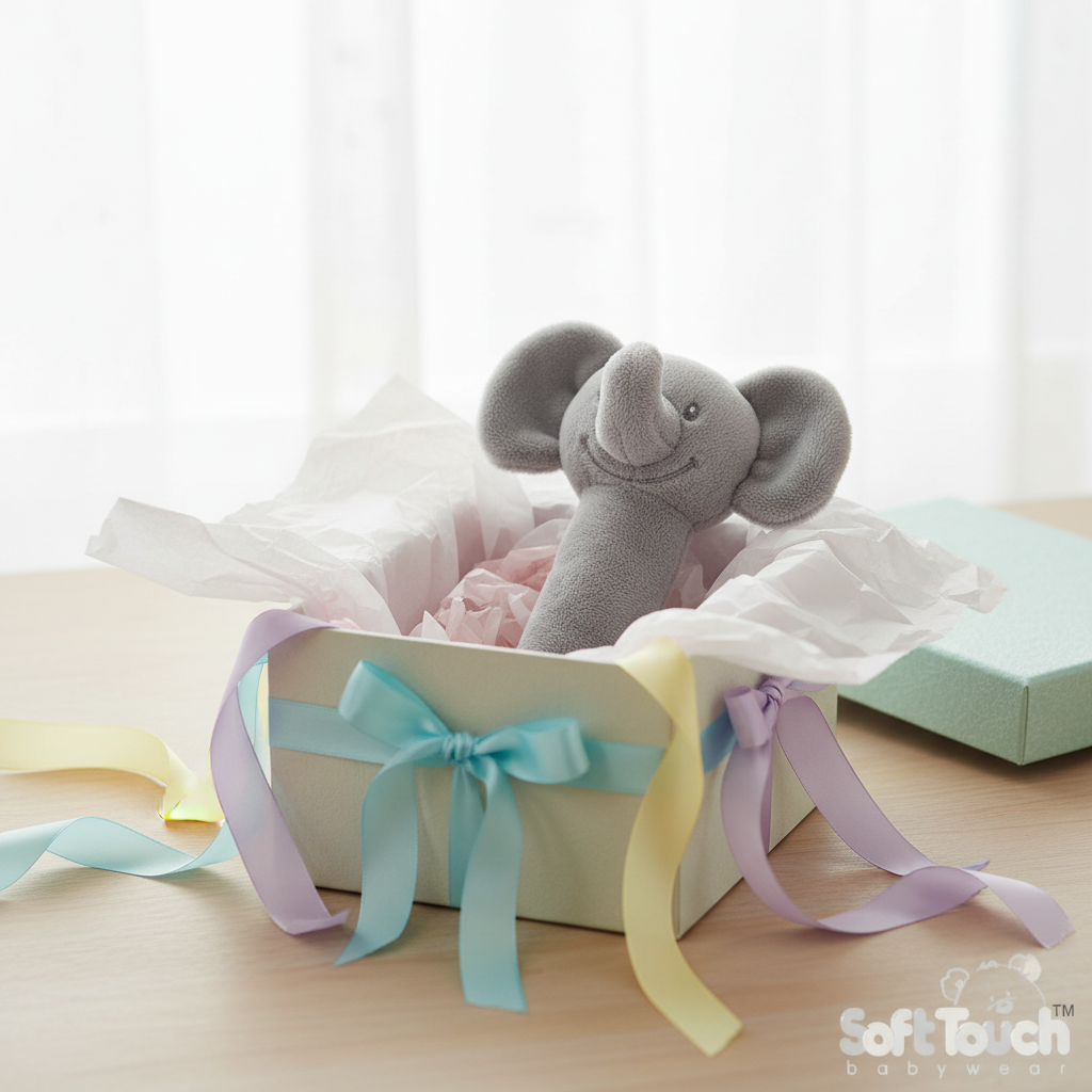Grey elephant squeaky rattle in a baby shower gift box with pastel ribbons