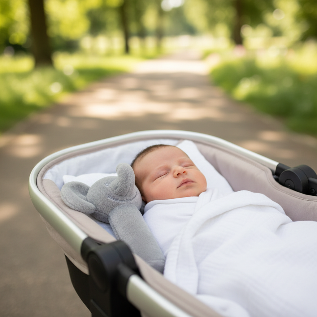 Grey elephant squeaky rattle tucked in a pram next to a sleeping newborn
